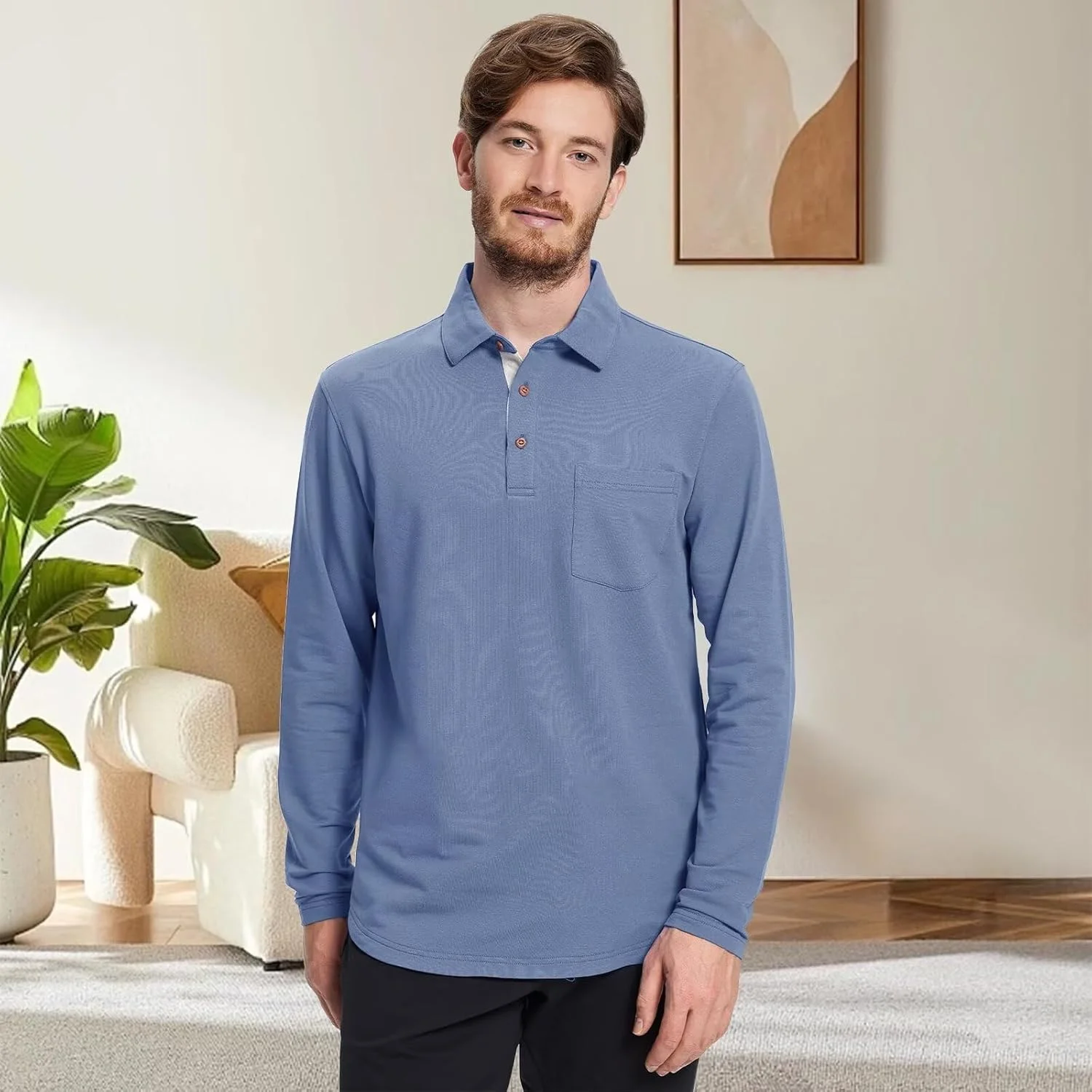 پولوشرت آستین بلند و کوتاه مردانه، جیب دار، کژوال، یکدست، ترکیبی از پنبه، یقه دار، مدل افتاده مردانه