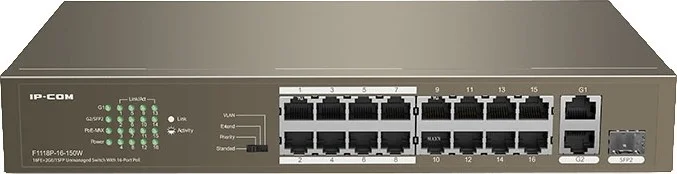 سوئیچ غیر مدیریتی IP COM F1118P-16-150W با 16 پورت FE+2 پورت GE/1 پورت SFP، محافظت در برابر صاعقه 6 کیلوولت، با 16 پورت PoE | F1118P-16-150W