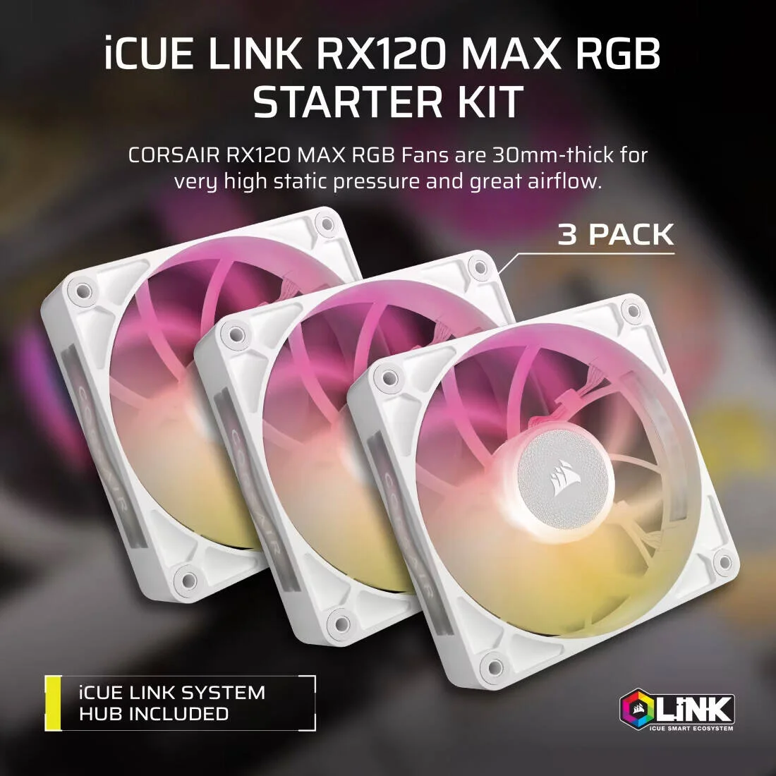 کیت استارتر فن های PWM ضخیم ۱۲۰ میلی متری Corsair iCUE LINK RX120 MAX RGB، اندازه فن ۱۲۰mm x ۳۰mm، سرعت فن ۲۰۰۰ دور در دقیقه، جریان هوای فن ۷۱.۳ CFM، بلبرینگ مغناطیسی، بسته ۳ عددی، سفید | CO-9051038-WW کیت استارتر فن های PWM ضخیم ۱۲۰ میلی متری Corsair iCUE LINK RX120 MAX RGB، اندازه فن ۱۲۰mm x ۳۰mm، سرعت فن ۲۰۰۰ دور در دقیقه، جریان هوای فن ۷۱.۳ CFM، بلبرینگ مغناطیسی، بسته ۳ عددی، سفید | CO-9051038-WW