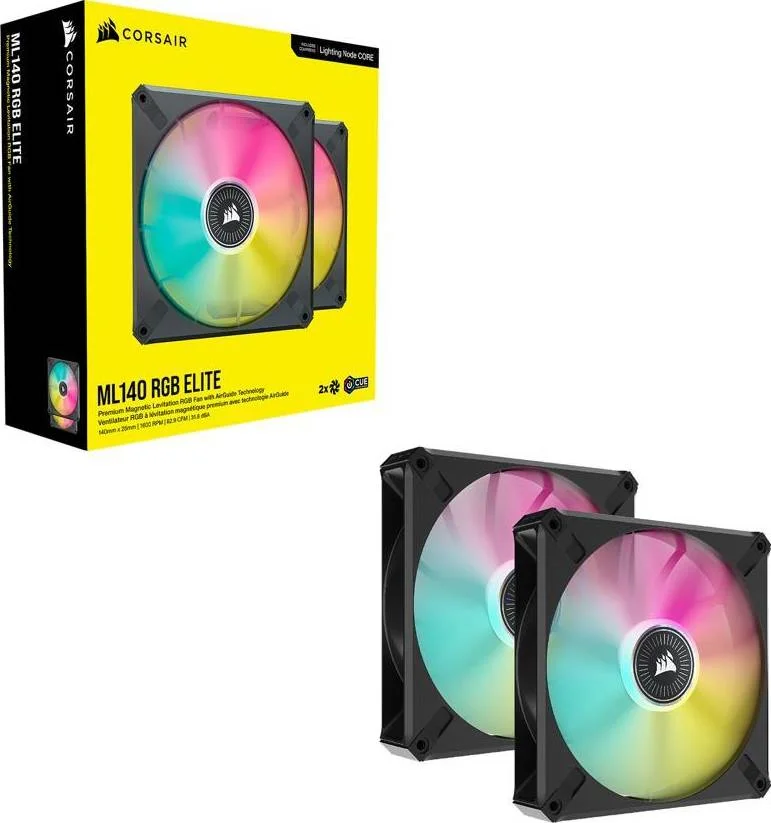 فن ممتاز PWM کرسیر iCUE ML140 RGB Elite، به همراه iCUE Lighting Node Core، سایز 140 میلی‌متر، شناوری مغناطیسی، سرعت 400-1600 دور در دقیقه، سطح صدا 10-31.8 dBA، کیت دو عددی فن، مشکی | CO-9050115-WW