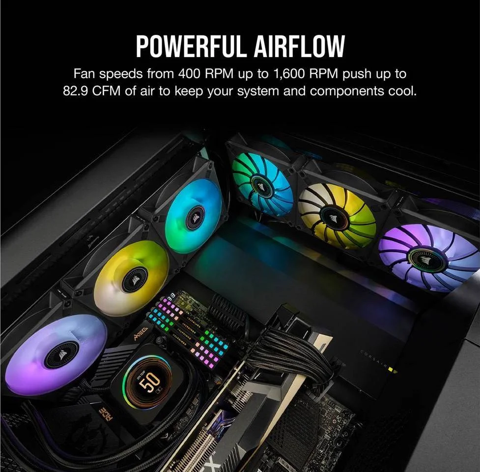 فن ممتاز PWM کرسیر iCUE ML140 RGB Elite، به همراه iCUE Lighting Node Core، سایز 140 میلی‌متر، شناوری مغناطیسی، سرعت 400-1600 دور در دقیقه، سطح صدا 10-31.8 dBA، کیت دو عددی فن، مشکی | CO-9050115-WW