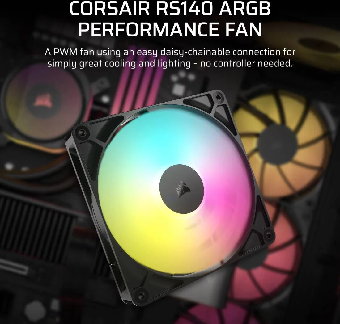 فن های کیس کورسیر RS140 ARGB، سایز فن 140 میلی متر، سرعت فن 1700 دور در دقیقه، جریان هوای فن 95.5 CFM، نوع بلبرینگ مغناطیسی، کانکتورهای 4 پین PWM زنجیره ای، بسته دوتایی، مشکی | CO-9050183-WW فن های کیس کورسیر RS140 ARGB، سایز فن 140 میلی متر، سرعت فن 1700 دور در دقیقه، جریان هوای فن 95.5 CFM، نوع بلبرینگ مغناطیسی، کانکتورهای 4 پین PWM زنجیره ای، بسته دوتایی، مشکی | CO-9050183-WW