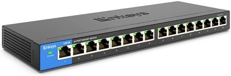 سوییچ اترنت گیگابیتی غیر مدیریتی 16 پورت Linksys LGS116، ظرفیت سوییچینگ 32 گیگابیت بر ثانیه، جدول آدرس MAC 8K، نشانگرهای LED فعالیت و سرعت، طراحی بدون فن، بدنه فلزی، مشکی | LGS116