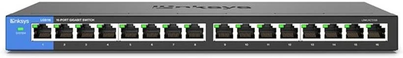 سوییچ اترنت گیگابیتی غیر مدیریتی 16 پورت Linksys LGS116، ظرفیت سوییچینگ 32 گیگابیت بر ثانیه، جدول آدرس MAC 8K، نشانگرهای LED فعالیت و سرعت، طراحی بدون فن، بدنه فلزی، مشکی | LGS116