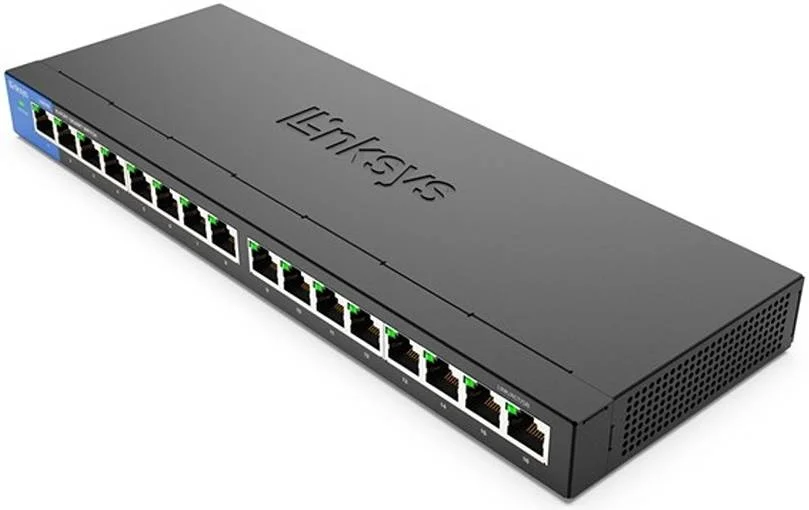 سوییچ اترنت گیگابیتی غیر مدیریتی 16 پورت Linksys LGS116، ظرفیت سوییچینگ 32 گیگابیت بر ثانیه، جدول آدرس MAC 8K، نشانگرهای LED فعالیت و سرعت، طراحی بدون فن، بدنه فلزی، مشکی | LGS116