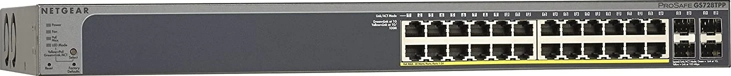 سوئیچ مدیریتی 24 پورت گیگابیتی PoE+ نت گیر مدل GS728TPP، دارای SFP، سوییچینگ 56 گیگابیت بر ثانیه، توان 380 وات، 24 پورت گیگابیت اترنت، قابل نصب در رک | GS728TPP-200AJS