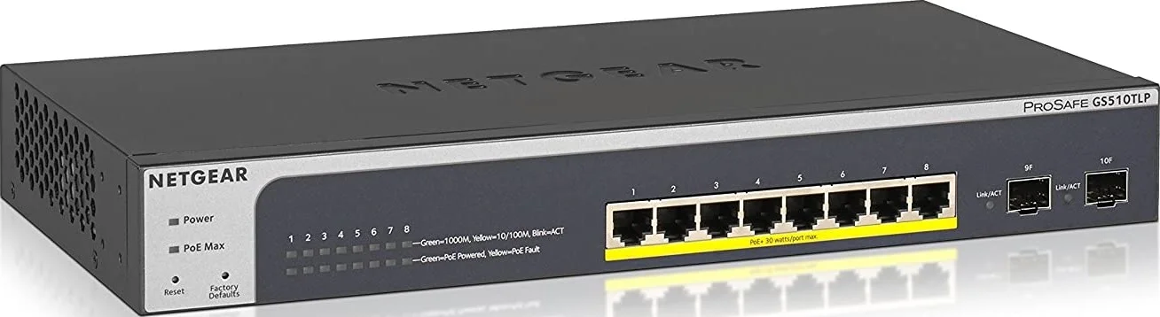 سوئیچ مدیریتی هوشمند گیگابیتی 8 پورت NetGear سری S350 با 2 پورت SFP - توان 75 وات | GS510TLP-100EUS