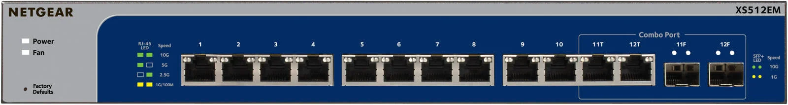 سوئیچ شبکه مدیریتی 5 سرعته 12 پورت گیگابیتی NETGEAR XS512EM با 2 پورت SFP+ مشترک، پهنای باند 240 گیگابیت بر ثانیه، پشتیبانی از 64 VLAN و 128 گروه Multicast، توان 76.5 وات | XS512EM-100EUS سوئیچ شبکه مدیریتی 5 سرعته 12 پورت گیگابیتی NETGEAR XS512EM با 2 پورت SFP+ مشترک، پهنای باند 240 گیگابیت بر ثانیه، پشتیبانی از 64 VLAN و 128 گروه Multicast، توان 76.5 وات | XS512EM-100EUS