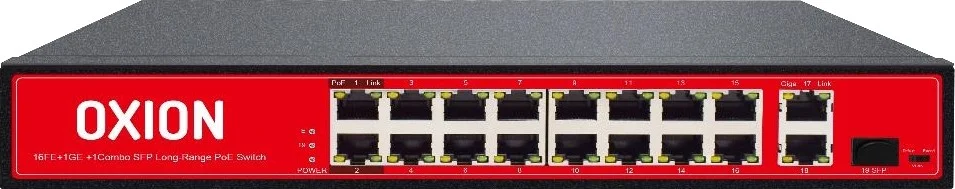 سوئیچ غیر مدیریتی 16 پورت PoE+2GE+1SFP آکسیون، با برد بلند 250 متری، حداکثر نرخ داده 2000 مگابیت بر ثانیه، توان خروجی 200 وات، حالت Full Duplex، پشتیبانی از Auto MDI/MDIX، قرمز / مشکی | OX-NPS518G