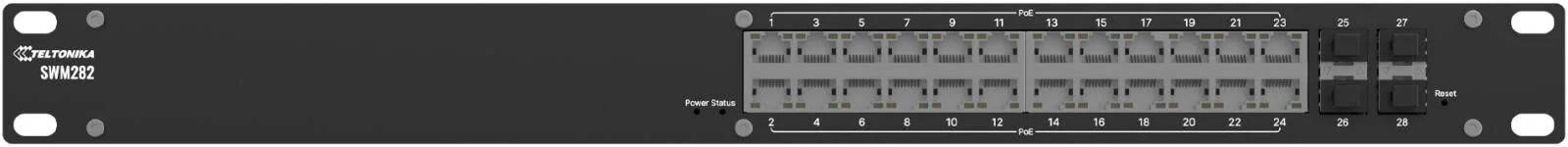 سوئیچ اترنت مدیریت شده PoE+ تلتونیکا SWM282، دارای 24 پورت گیگابیتی PoE+ (30 وات برای هر پورت)، 4 پورت SFP، L2+ با ویژگی‌های پیشرفته L3، پشتیبانی از PROFINET/MRP/EtherNet-IP، مشکی | SWM282