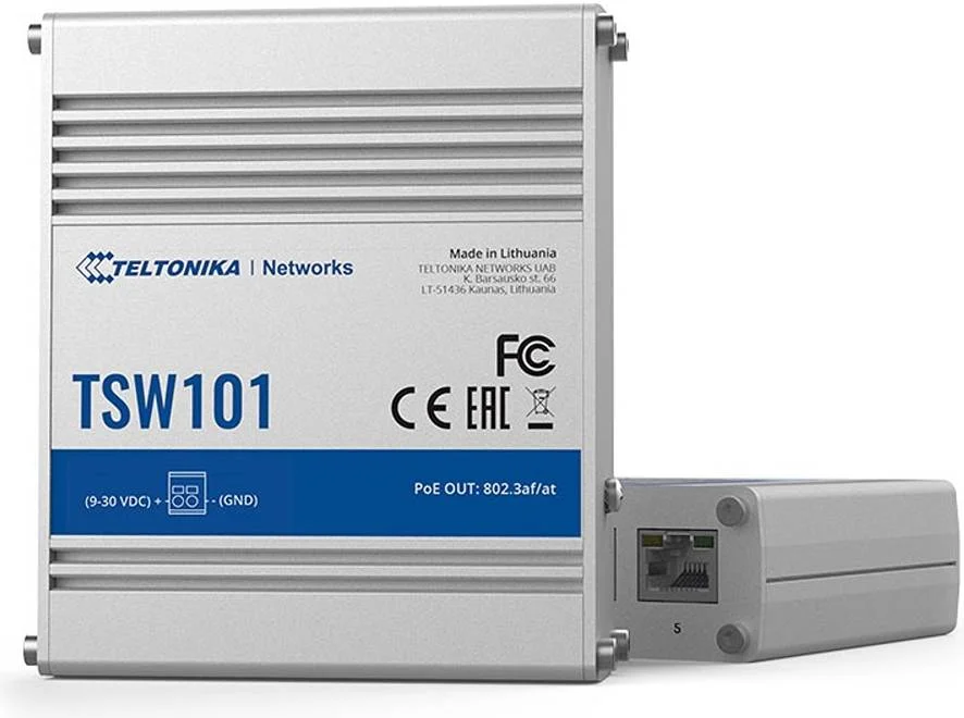سوئیچ خودکار PoE+ تلتونیکا TSW101، دارای 5 پورت RJ45 گیگابیتی اترنت، تا 1000 مگابیت بر ثانیه، 4 پورت PoE+ (802.3af و 802.3at)، منبع تغذیه 9-30 ولت، Plug & Play | TSW101