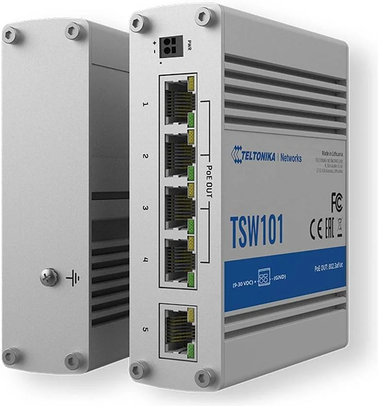 سوئیچ خودکار PoE+ تلتونیکا TSW101، دارای 5 پورت RJ45 گیگابیتی اترنت، تا 1000 مگابیت بر ثانیه، 4 پورت PoE+ (802.3af و 802.3at)، منبع تغذیه 9-30 ولت، Plug & Play | TSW101