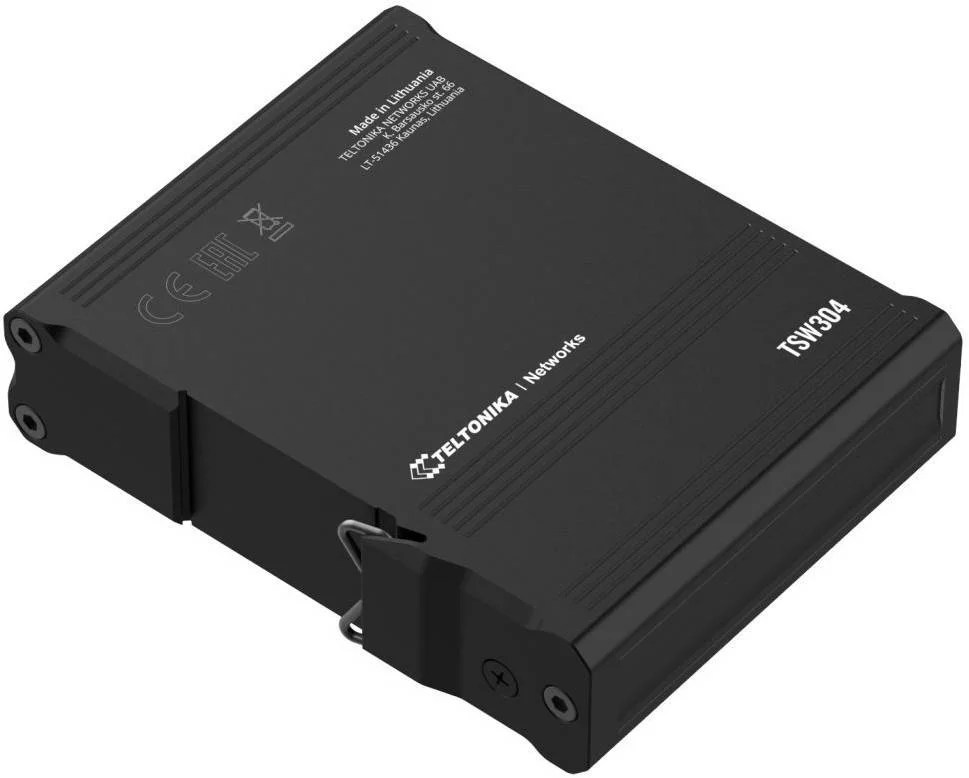 سوئیچ غیر مدیریتی جمع و جور 4 پورت Teltonika TSW304 با نصب ریل DIN یکپارچه، 4 پورت اترنت گیگابیتی، سرعت تا 1000 مگابیت در ثانیه، سوکت برق صنعتی 2 پین، دارای استاندارد IP30، مشکی | TSW304