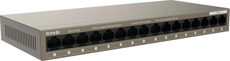 سوئیچ 16 پورت گیگابیتی اترنت Tenda، محافظت در برابر صاعقه، ظرفیت 32 گیگابیت بر ثانیه، بافر 2 مگابایتی، بدنه فلزی کوچک، VLAN، توان مصرفی کمتر از 12 وات | TEG1016M