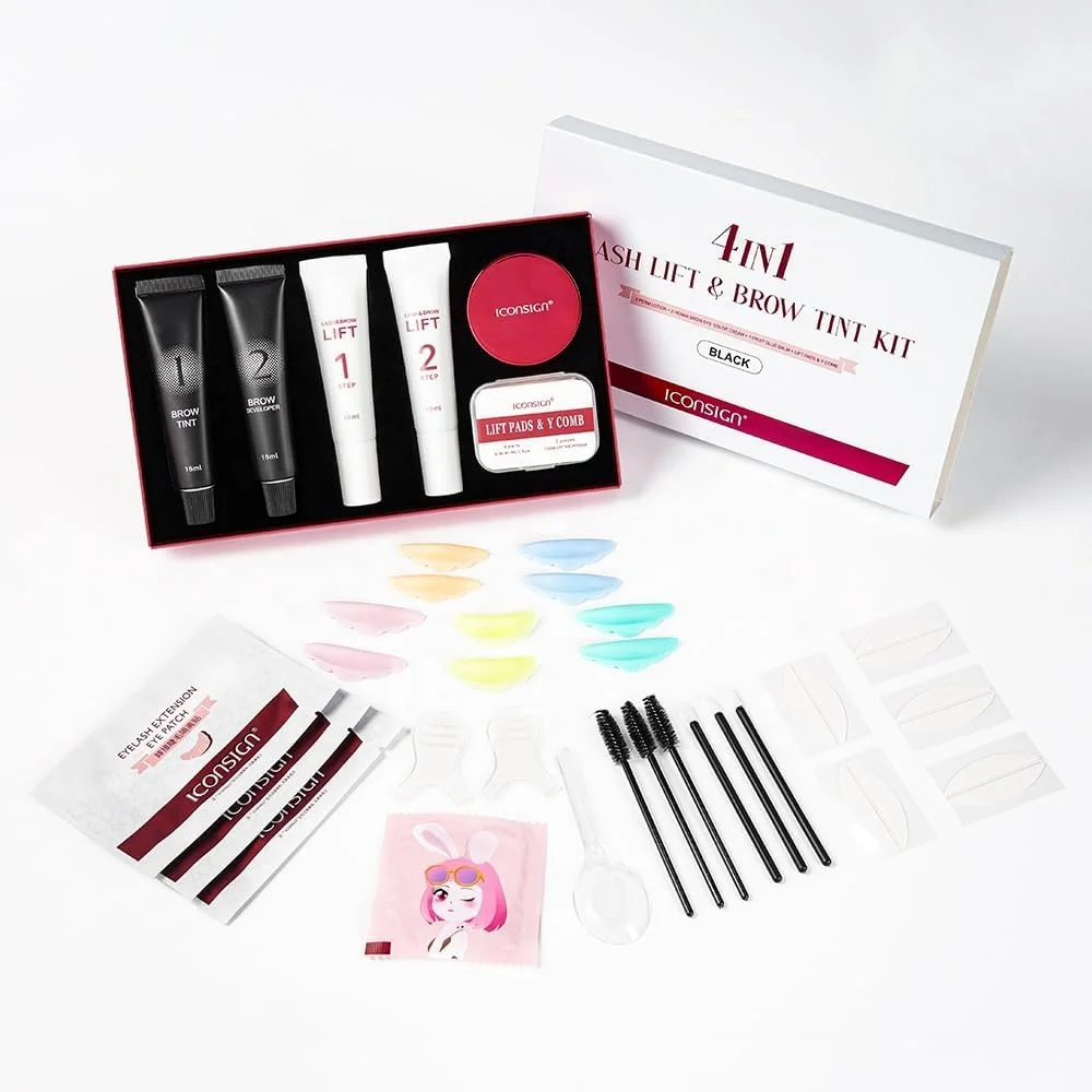 کیت 4 در 1 مژه و ابرو آیکونساین – لیفت مژه، لمینت ابرو، رنگ (مشکی/قهوه ای/نسکافه ای) – فر کننده کراتینه، فرمول وگان، فرهای ماندگار و ابروهای پرپشت – نتایج حرفه ای سالن در خانه! (نسکافه ای)