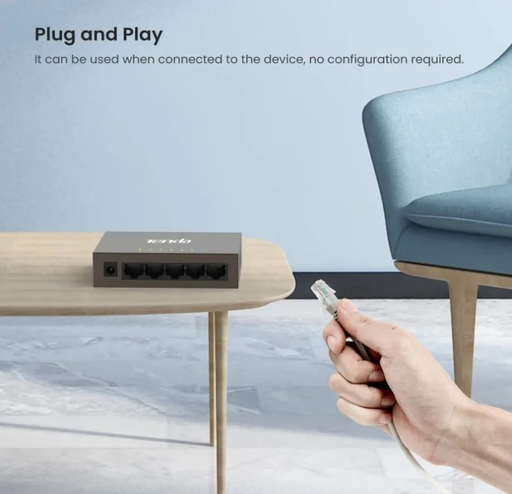 سوئیچ اترنت سریع 5 پورت Tenda TEF1005D: پورت های RJ45 10/100M، طراحی فلزی، بدون فن، بهینه سازی ترافیک، ظرفیت 1 گیگابیت بر ثانیه، بافر 448K | TEF1005D