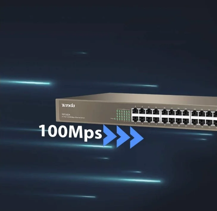 سوئیچ غیر مدیریتی 24 پورت 10/100 Tenda TEF1024D، پهنای باند دوبلکس 200 مگابیت بر ثانیه، محافظت در برابر صاعقه 6000 ولت، بدنه فلزی، ظرفیت 4.8 گیگابیت بر ثانیه، بافر 2.5 مگابیت | TEF1024D