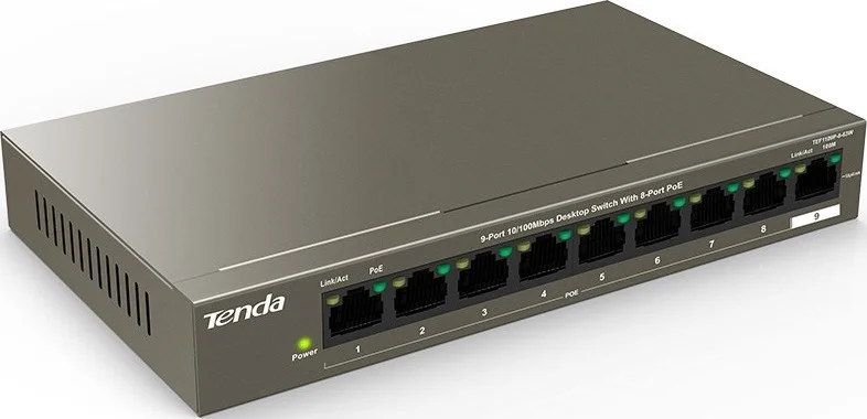 سوئیچ رومیزی 9 پورت Tenda TEF1109P: دارای 8 پورت PoE، انتقال 250 متری، توان 63 واتی، ظرفیت 1.8 گیگابیت بر ثانیه، بافر 1.25 مگابایتی | TEF1109P-8-63W