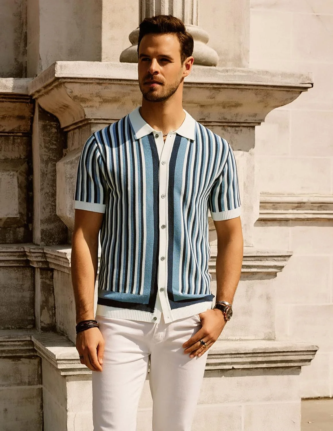 پیراهن پولو مردانه PJ PAUL JONES طرح راه راه، بافتنی تنفسی، پیراهن وینتیج دهه 70، آستین کوتاه، دکمه دار