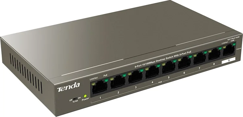 سوئیچ غیر مدیریتی سریع 9 پورت تندا مدل TEF1109P با 8 پورت PoE، محافظت در برابر صاعقه 6 کیلوولت، دکمه VLAN، فاصله انتقال تا 250 متر، بافر بسته بزرگ، توان بالا 102 وات، 1.6 گیگابیت بر ثانیه | TEF1109P-8-102W