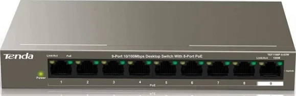 سوئیچ PoE دسکتاپ 8 پورت 10/100 مگابیت بر ثانیه + 1 گیگابیتی تندا مدل TEF1109TP، توان PoE 92 وات، محافظت در برابر صاعقه 6 کیلوولت، انتقال 250 متری، نصب آسان مدل TEF1109TP-8-102W