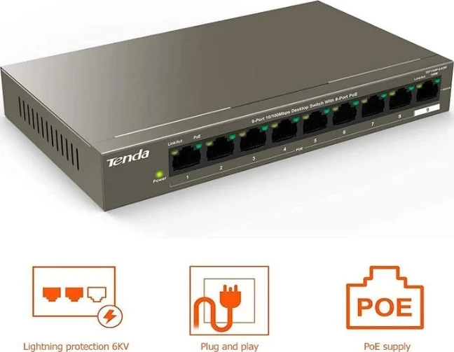 سوئیچ PoE دسکتاپ 8 پورت 10/100 مگابیت بر ثانیه + 1 گیگابیتی تندا مدل TEF1109TP، توان PoE 92 وات، محافظت در برابر صاعقه 6 کیلوولت، انتقال 250 متری، نصب آسان مدل TEF1109TP-8-102W