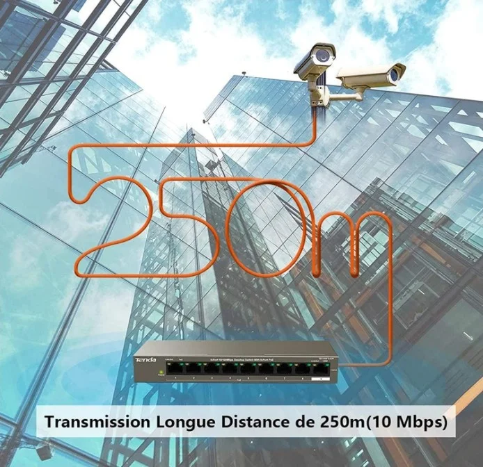 سوئیچ PoE دسکتاپ 8 پورت 10/100 مگابیت بر ثانیه + 1 گیگابیتی تندا مدل TEF1109TP، توان PoE 92 وات، محافظت در برابر صاعقه 6 کیلوولت، انتقال 250 متری، نصب آسان مدل TEF1109TP-8-102W