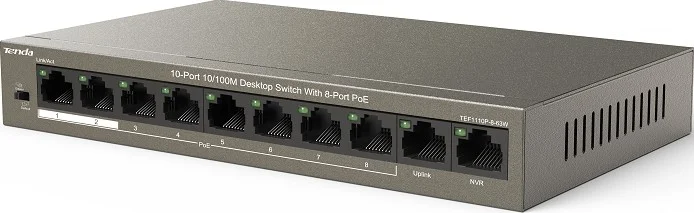 سوئیچ دسکتاپ 10 پورت 10/100M تندا مدل TEF1110P با 8 پورت PoE، محافظت در برابر صاعقه 6KV، VLAN تک کلیدی، حالت توسعه 250 متری، QoS، پورت های دوگانه Uplink، ظرفیت 1.6 گیگابیت بر ثانیه | TEF1110P-8-63W