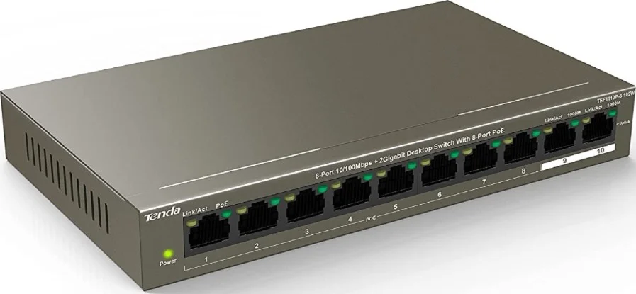 سوئیچ رومیزی 10 پورت 10/100 مگابیت بر ثانیه + 2 گیگابیتی تندا مدل TEF1110P با 8 پورت PoE، ظرفیت 5.6 گیگابیت بر ثانیه، بافر 448K، محافظت در برابر صاعقه 6KV، توان 99 وات | TEF1110P-8-102W