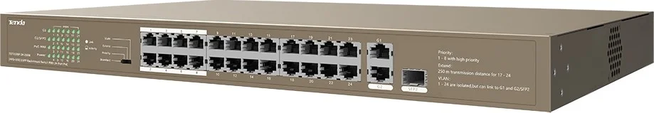 سوئیچ PoE 24 پورت Tenda TEF1126P، 8.8 گیگابیت بر ثانیه، بافر 4 مگابایتی، قابل نصب در رک، توان خروجی 135 وات | TEF1126P-24-250W