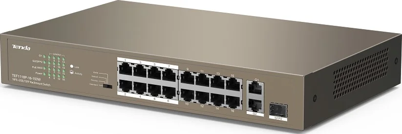 سوئیچ غیر مدیریتی PoE+ تندا مدل TEF1118P با 16 پورت FE+2 پورت GE/1 پورت SFP، محافظت در برابر صاعقه 6KV، دارای 4 حالت، توان 150 وات، پهنای باند 7.2 گیگابیت بر ثانیه و بافر 1.25 مگابیت | TEF1118P-16-150W