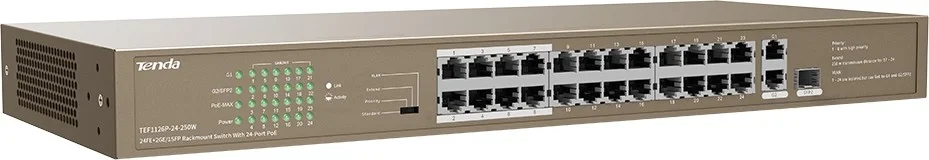 سوئیچ PoE 24 پورت Tenda TEF1126P، 8.8 گیگابیت بر ثانیه، بافر 4 مگابایتی، قابل نصب در رک، توان خروجی 135 وات | TEF1126P-24-250W