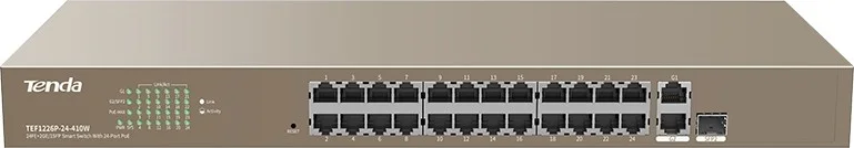 سوئیچ PoE غیر مدیریتی رک مونت تندا TEF1126P 24FE+2GE/1SFP، 8.8 گیگابیت بر ثانیه، بافر 4 مگابایتی، خروجی برق 370 وات | TEF1126P-24-410W V2.0