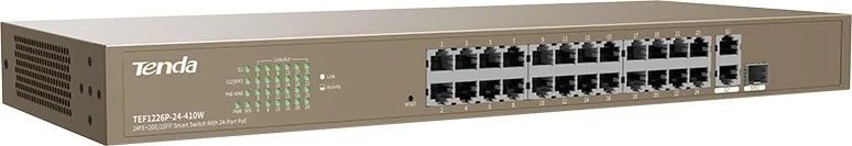 سوئیچ PoE غیر مدیریتی رک مونت تندا TEF1126P 24FE+2GE/1SFP، 8.8 گیگابیت بر ثانیه، بافر 4 مگابایتی، خروجی برق 370 وات | TEF1126P-24-410W V2.0