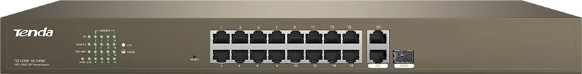 سوئیچ هوشمند PoE وب Tenda TEF1218P با 16 پورت 10/100M + 2 پورت گیگابیتی + 2 پورت کمبو SFP، محافظت در برابر صاعقه 6KV، منبع تغذیه 250W، ظرفیت 7.2 گیگابیت بر ثانیه، بافر 1.25 مگابایتی | TEF1218P-16-250W