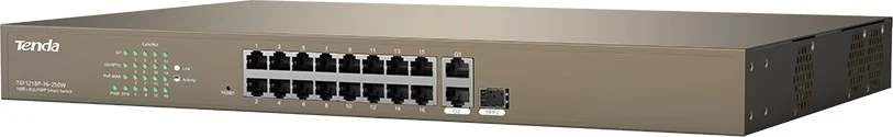 سوئیچ هوشمند PoE وب Tenda TEF1218P با 16 پورت 10/100M + 2 پورت گیگابیتی + 2 پورت کمبو SFP، محافظت در برابر صاعقه 6KV، منبع تغذیه 250W، ظرفیت 7.2 گیگابیت بر ثانیه، بافر 1.25 مگابایتی | TEF1218P-16-250W