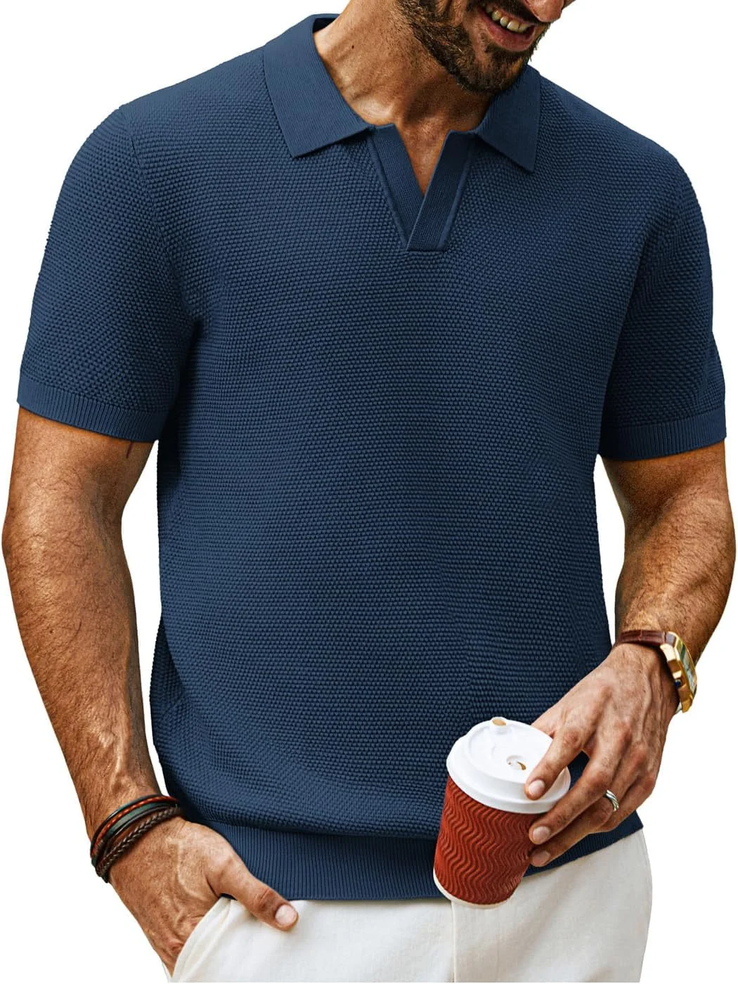 پولوشرت آستین کوتاه مردانه PJ PAUL JONES، یقه هفت، بافتنی و طرح دار، مناسب استفاده روزمره و گلف