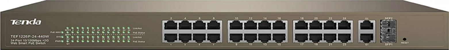 سوئیچ هوشمند تحت وب 24 پورت PoE تندا، 8.8 گیگابیت بر ثانیه، AC 100-240V 50/60Hz، انرژی 410W، ≥6KV محافظت در برابر صاعقه | TEF1226P-24-440W