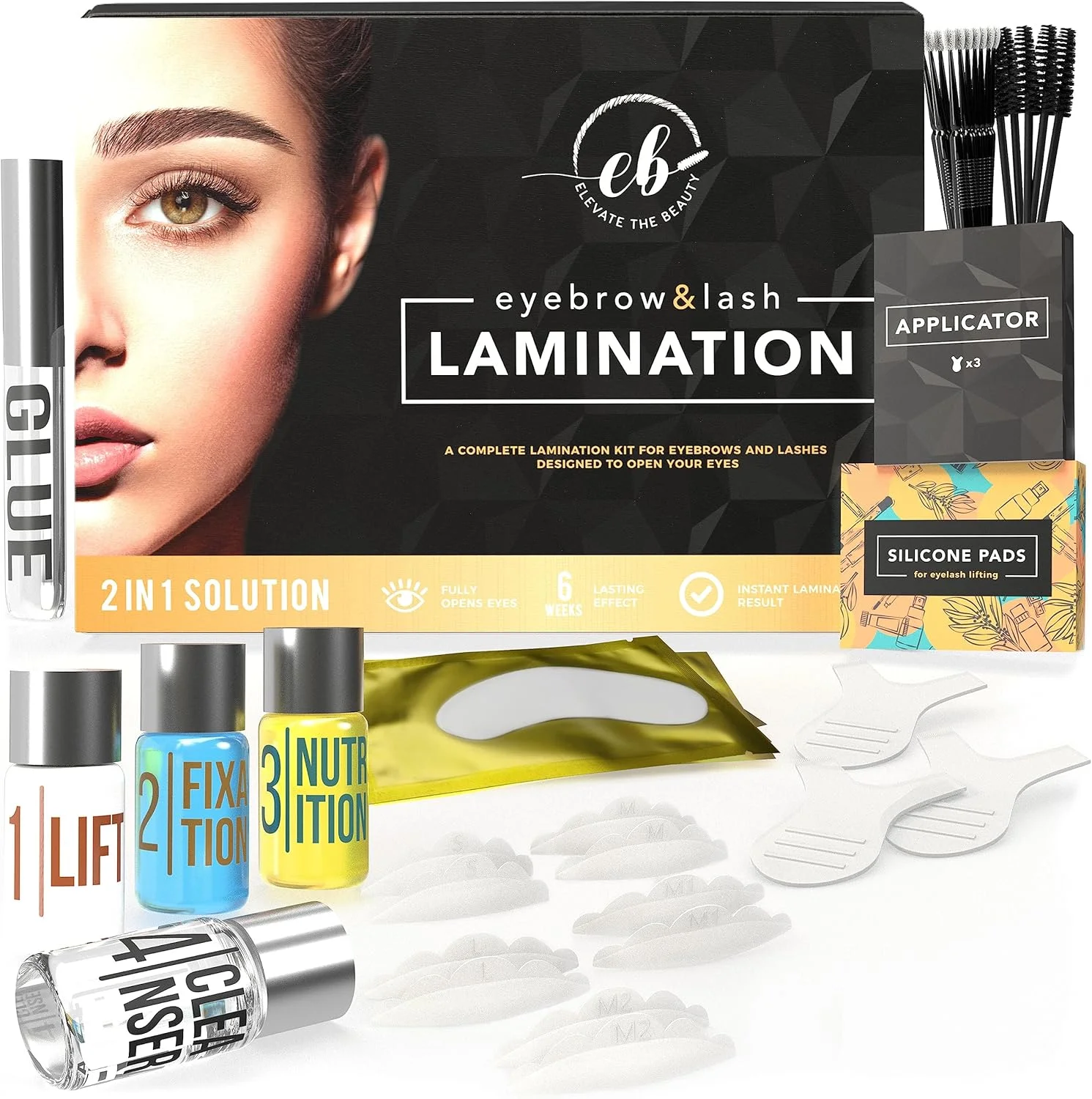 کیت لیفت و لمینت ابرو و مژه برای داشتن ابروهایی پرپشت و مژه‌هایی فر و زیبا به همراه برس ابرو و میکرو براش مژه