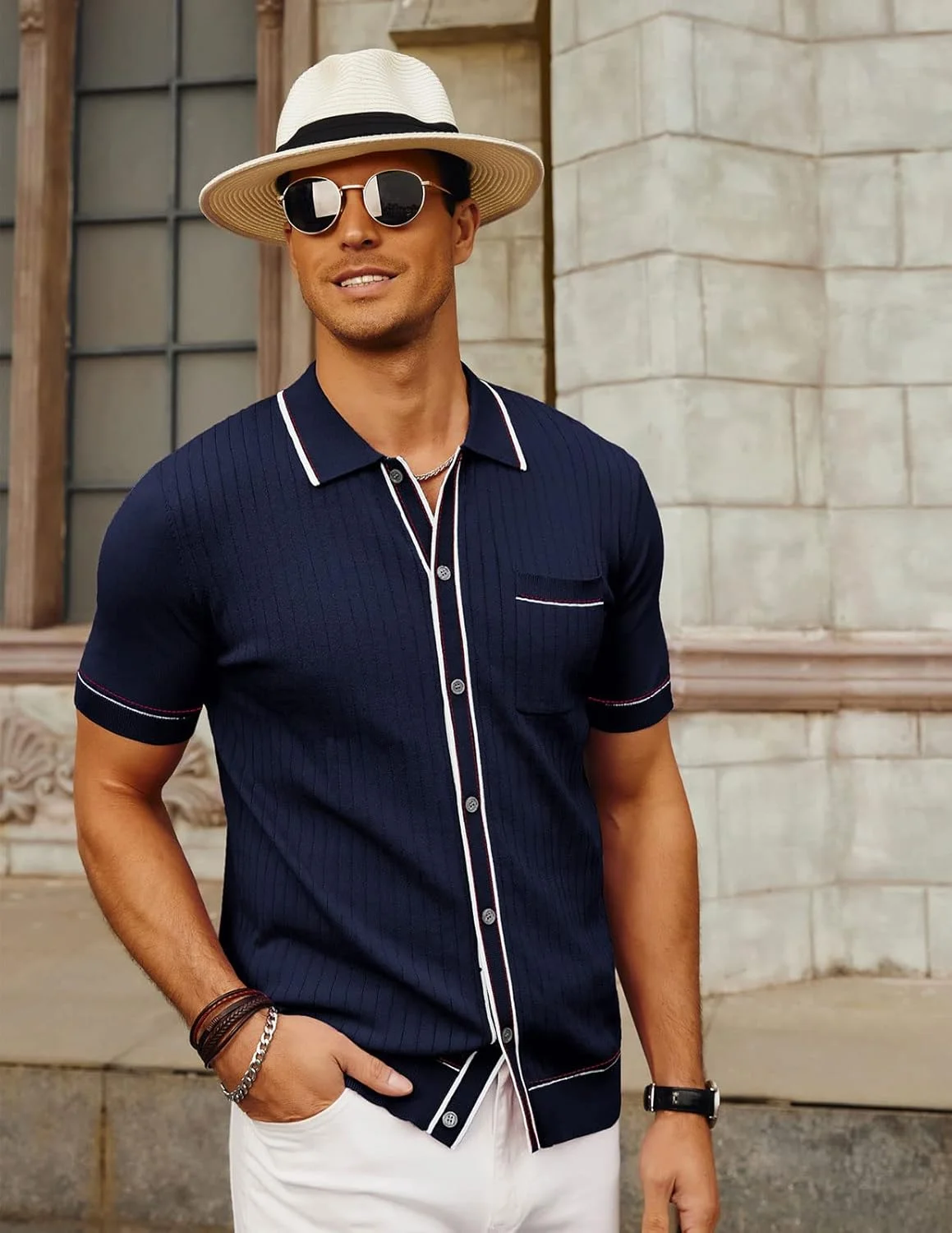 پیراهن پولو آستین کوتاه بافتنی مردانه PJ PAUL JONES دکمه دار طرح قدیمی مناسب گلف