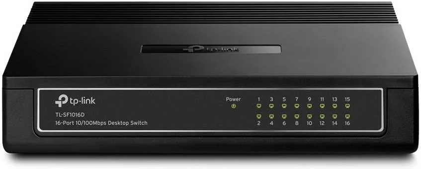 سوییچ 16 پورت TP-Link: بدنه پلاستیکی، 10/100Mbps، پورت های RJ45، Auto MDI/MDIX، کنترل جریان IEEE 802.3x، فناوری سبز، توان 3.2W، مشکی | TL-SF1016D