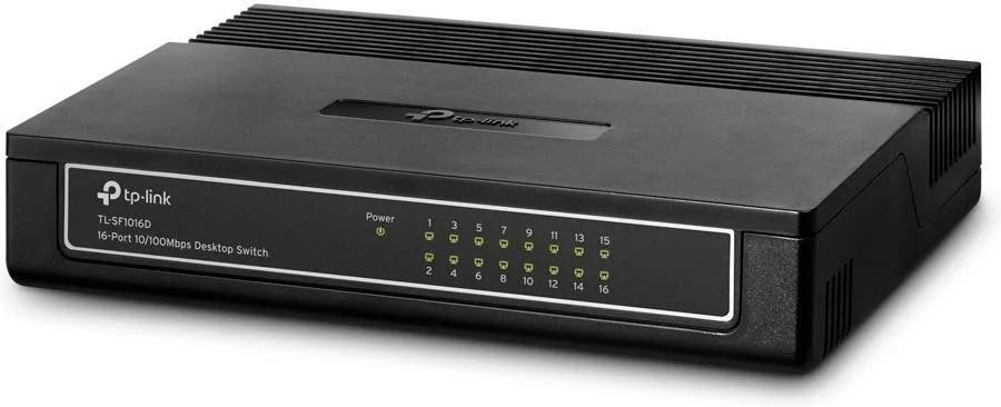 سوییچ 16 پورت TP-Link: بدنه پلاستیکی، 10/100Mbps، پورت های RJ45، Auto MDI/MDIX، کنترل جریان IEEE 802.3x، فناوری سبز، توان 3.2W، مشکی | TL-SF1016D