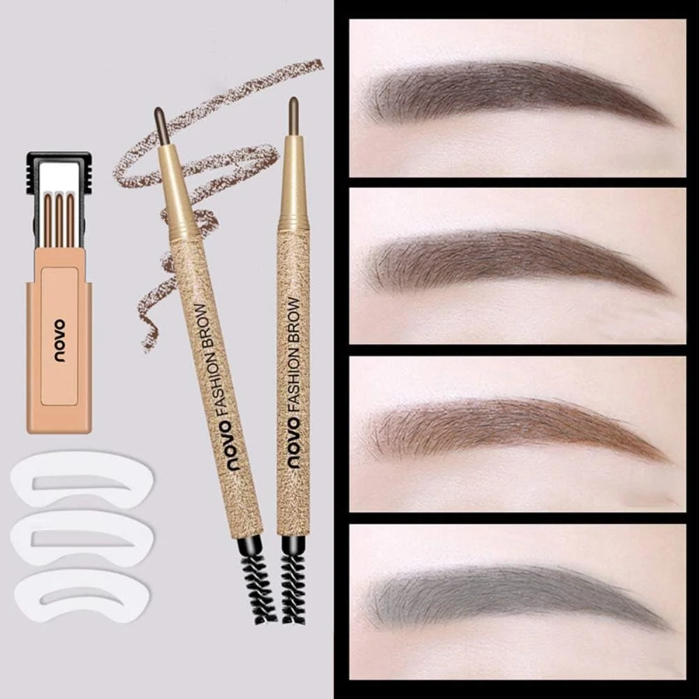 قلم هاشور ابرو به همراه شابلون ابرو، مداد ابرو ظریف، قلم ابرو دو سر، ضد آب بادوام، ضد لک، آرایش طبیعی و بی نقص برای خانم ها
