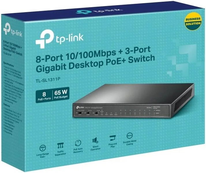 سوئیچ رومیزی 8 پورت 10/100Mbps + 3 پورت گیگابیتی TP-Link با 8 پورت PoE+، 65W، حالت ایزوله، بازیابی خودکار PoE، طراحی بدون فن، پیکربندی آسان هوشمند، PoE با برد بلند، مشکی | TL-SL1311P