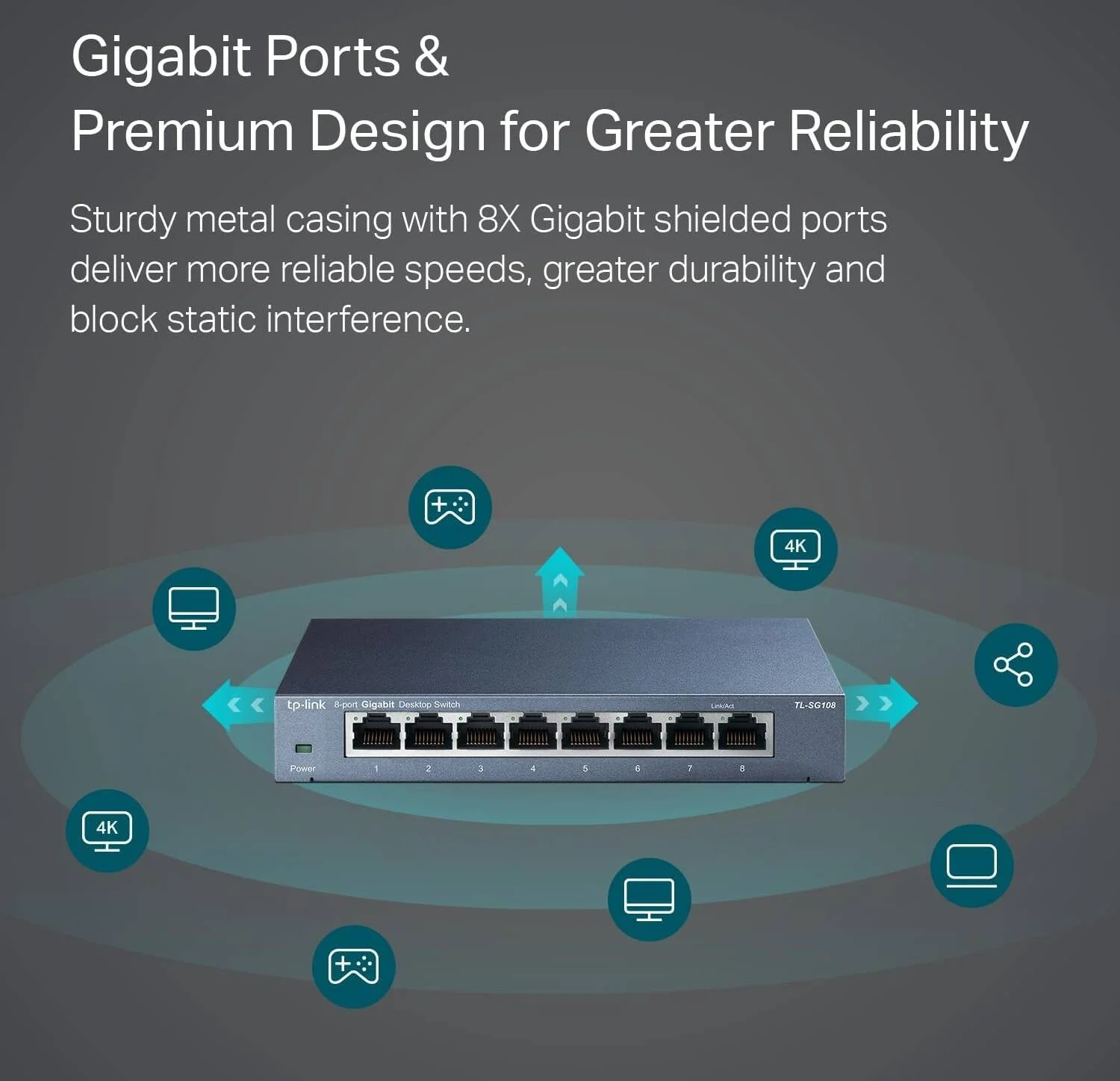 سوییچ رومیزی 8 پورت 10/100/1000 مگابیت بر ثانیه تی پی-لینک، سایز بافر 1.5 مگابایت، مصرف برق 3.3 وات، نرخ ارسال بسته 11.9Mpps، جامبو فریم 16 کیلوبایت، مشکی | TL-SG108