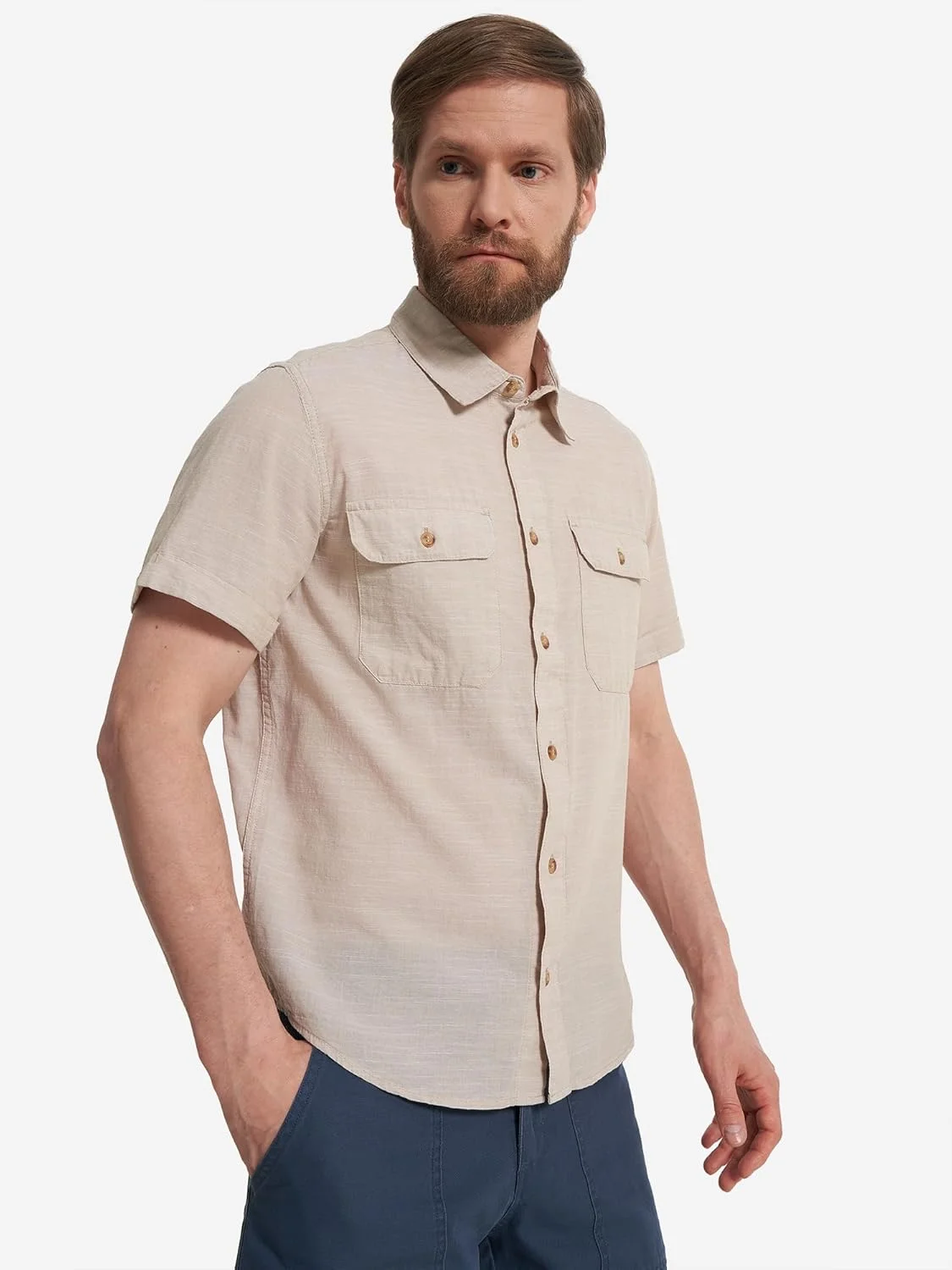 پیراهن مردانه - پارچه نخی راحت، برش راسته برای آزادی حرکت، 2 جیب برای وسایل ضروری، مسافرت