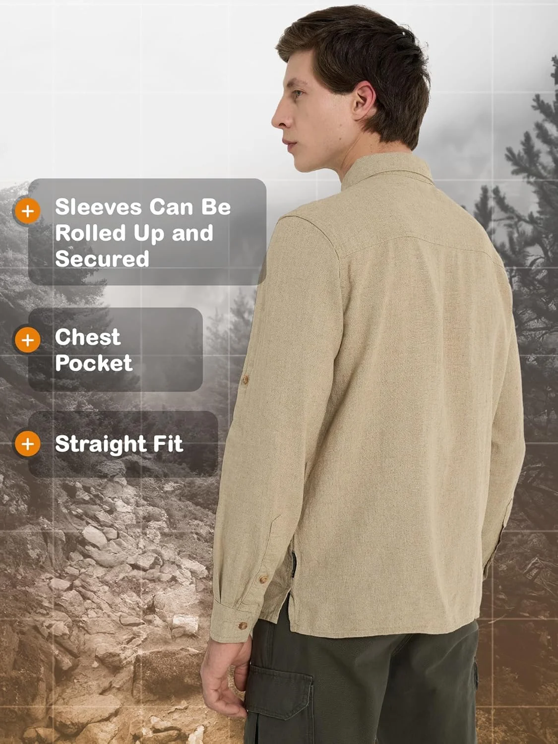 پیراهن مردانه قهوه ای – ترکیبی از کتان و لینن تنفس پذیر، برش راسته راحت، آستین های قابل جمع شدن، جیب سینه، ایده آل برای سفر، پیاده روی در فضای باز و استفاده روزمره