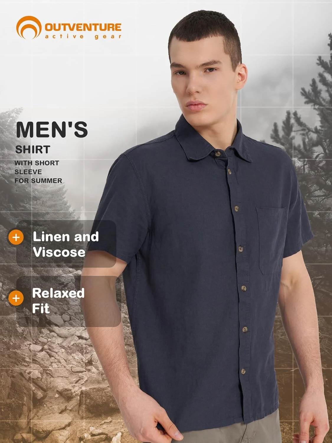 پیراهن مردانه Outventure، 55% کتان، 45% ویسکوز، پارچه تنفسی، برش آزاد، جیب سینه، ایده آل برای سفر و ماجراجویی در فضای باز