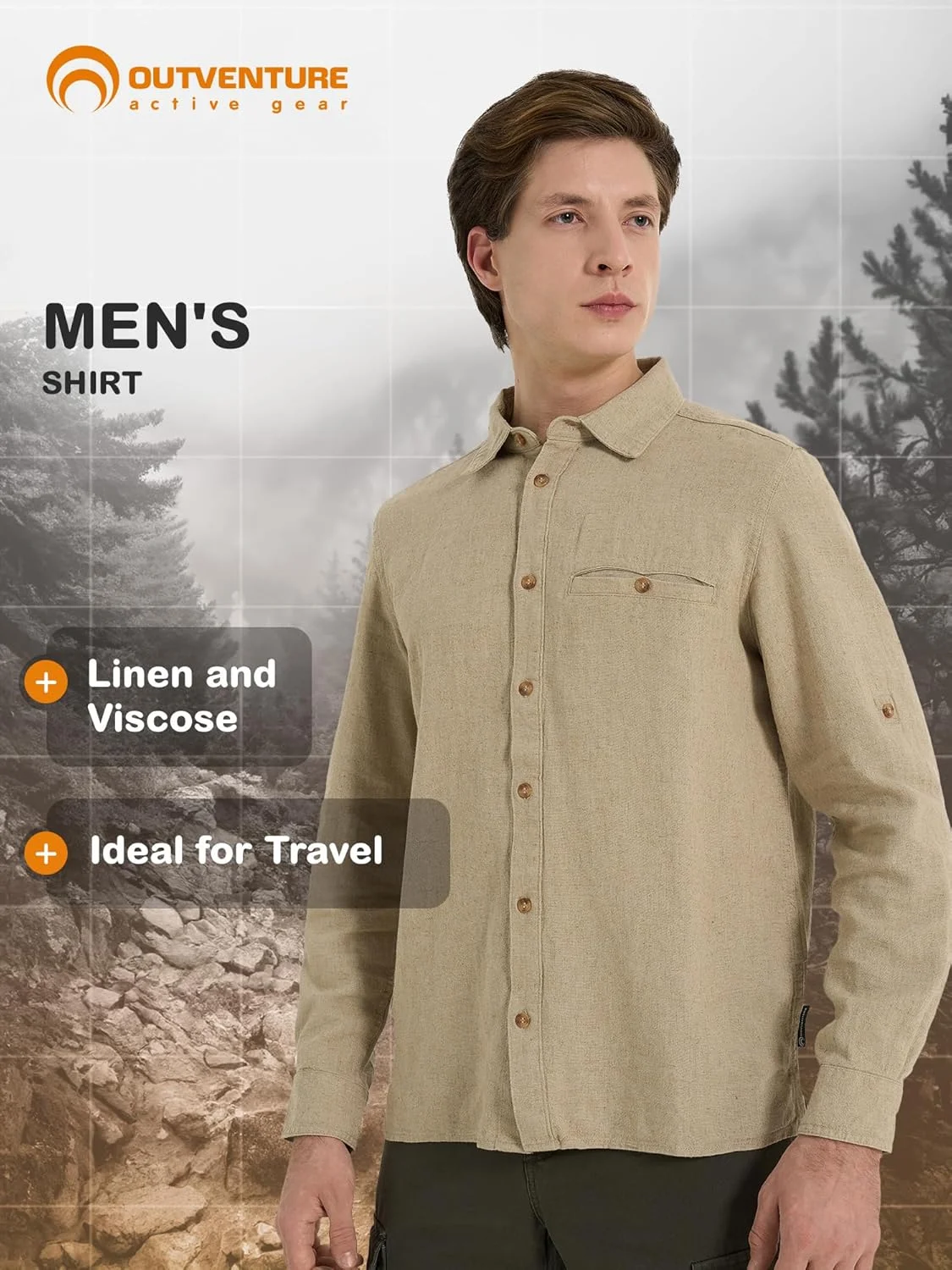 پیراهن مردانه قهوه ای – ترکیبی از کتان و لینن تنفس پذیر، برش راسته راحت، آستین های قابل جمع شدن، جیب سینه، ایده آل برای سفر، پیاده روی در فضای باز و استفاده روزمره