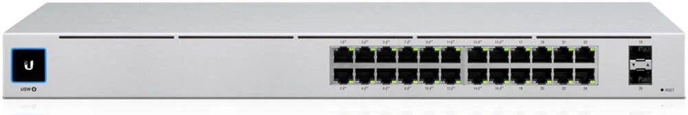 سوییچ مدیریتی 24 پورت گیگابیتی PoE+ سازگار UniFi از Ubiquiti Networks با SFP، نرخ ارسال 38.69 Mpps، ظرفیت سوییچینگ 52 Gb/s، صفحه نمایش لمسی 1.3 اینچی، کنترلر UniFi، سفید | USW-24-POE